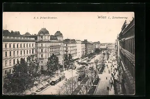 AK Wien, Strasse Schottenring mit K. K. Polizeidirektion und Strassenbahn