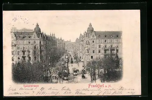AK Frankfurt /Main, Kaiserstrasse mit Strassenbahnen und Blick auf den Bahnhof