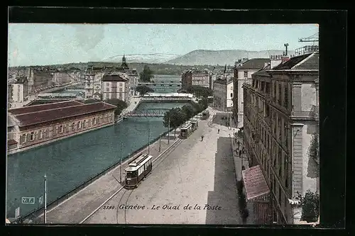 AK Genève, Le Quai de la Poste, Strassenbahnen