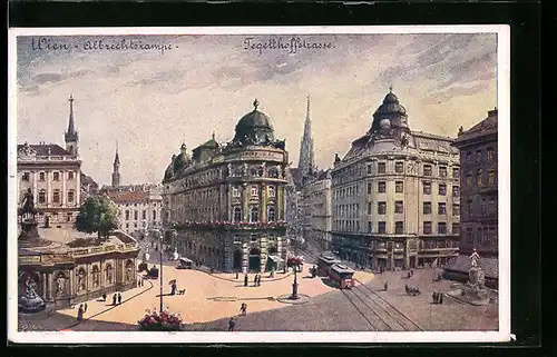 Künstler-AK Wien, Strassenbahnen an der Ecke Albrechtsrampe u. Tegetthoffstrasse