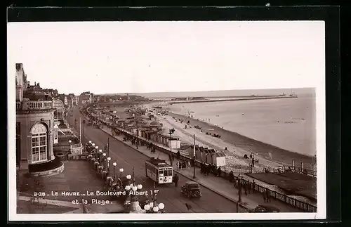 AK Le Havre, Le Boulevard Albert 1er et la Plage, Strassenbahn