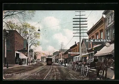 AK St. Stephen /N.-B., Water Street, Strassenpartie mit Strassenbahn