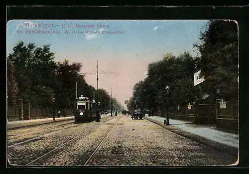 AK St. Pétersbourg, W. O. La Grande Perspective, Strassenbahn