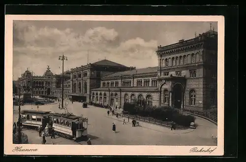 AK Hannover, Bahnhof mit Strassenbahn