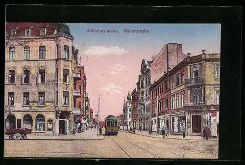 AK Wilhelmshaven, Gökerstrasse mit Geschäften und Strassenbahn