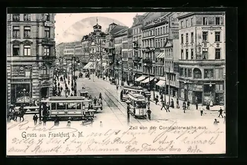 AK Frankfurt a. M., Strasse Zeil mit Geschäften und Strassenbahn von der Constablerwache aus