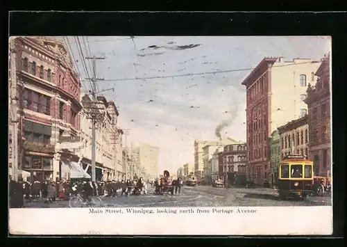 AK Winnipeg, Main Street looking north from Portage Avenue, Strassenpartie mit Strassenbahn