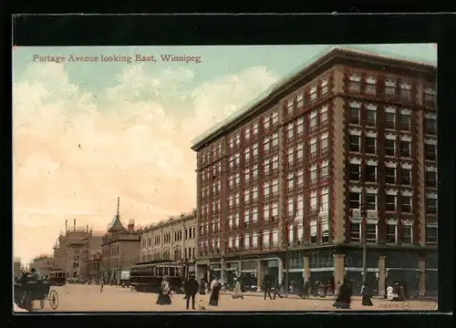 AK Winnipeg, Portage Avenue looking East, Strassenpartie mit Strassenbahn