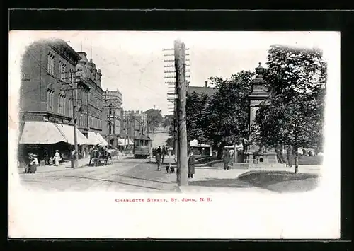 AK St. John /N.-B., Charlotte Street, Strassenpartie mit Strassenbahn