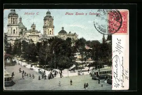 AK Mexico City, Plaza Zocalo y Catedral, Strassenbahn