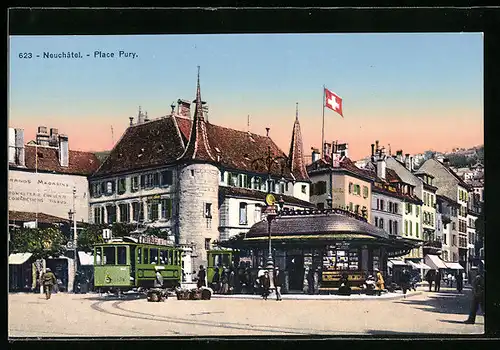 AK Neuchatel, Place Pury mit Strassenbahn