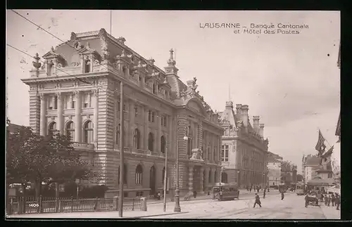 AK Lausanne, Banque Cantonale et Hôtel des Postes, Strassenbahn