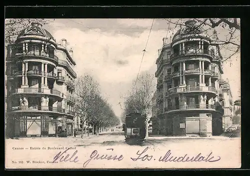 AK Cannes, Entrée du Boulevard mit Strassenbahn