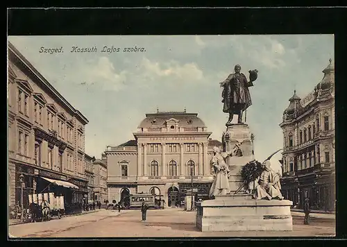 AK Szeged, Kossuth Lajos szobra, Strassenbahn
