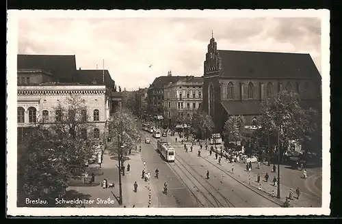 AK Breslau, Schweidnitzer Strasse mit Strassenbahnen