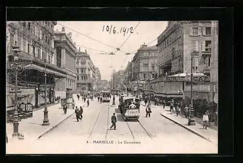 AK Marseille, La Cannebiere, Strassenbahn, Cafe