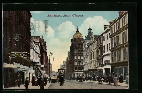 AK Glasgow, Sauchiehall Street, Strassenbahn