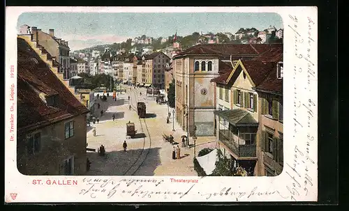 AK St. Gallen, Theaterplatz mit Strassenbahn