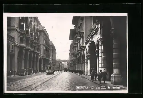 AK Genova, Via XX. Settembre, Strassenbahn