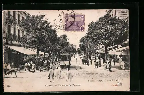 AK Tunis, L`Avenue de France, Strassenbahn