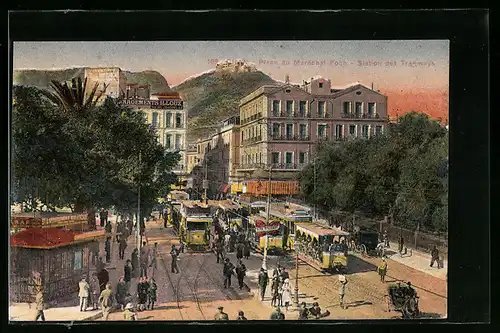AK Oran, Place du Marechal Foch, Station des Tramways, Strassenbahn