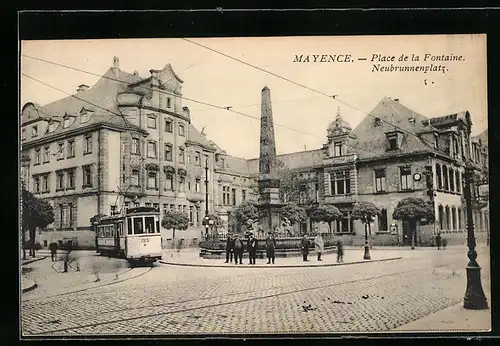 AK Mayence, Place de la Fontaine, Strassenbahn
