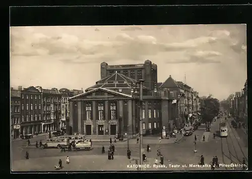 AK Katowice, Rynek, Teatr ul. Marszalka, Strassenbahn