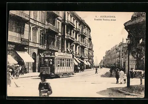 AK Alexandrie, Ramleh station street, Strassenpartie mit Strassenbahn