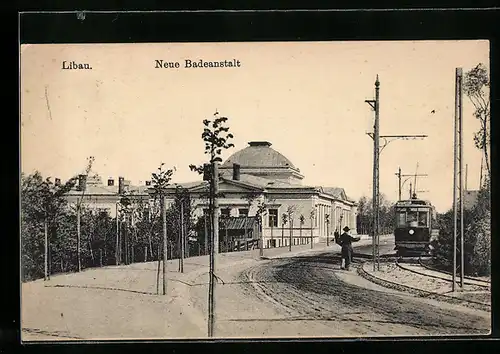 AK Libau, Neue Badeanstalt, Strassenbahn