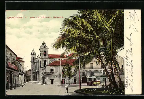 AK Havana, Emperado St. and Cathedral, Strassenbahn