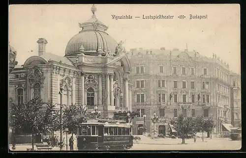 AK Budapest, Lustspieltheater, Strassenbahn