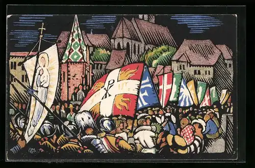 Künstler-AK Basel, V. Schweiz. Katholikentag 1924, Festzug mit Fahnen