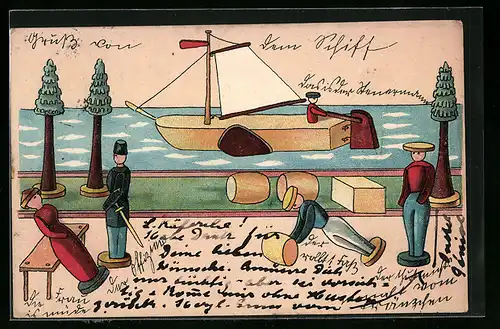 AK Soldat mit Frau, Im Hintergrund Segelboot, Holzspielzeug