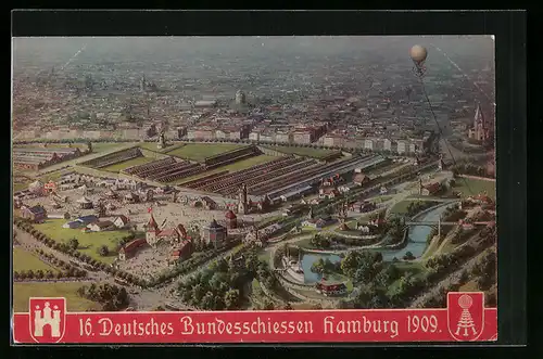 Künstler-AK Hamburg, 16. Deutsches Bundesschiessen 1909, Fesselballon