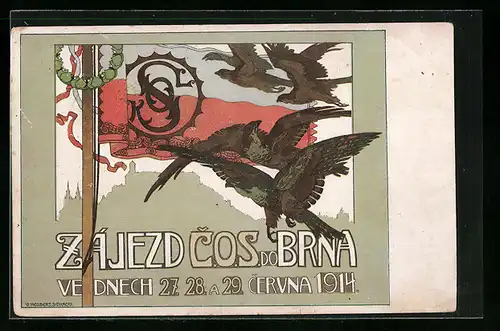 Künstler-AK Brno, Zajezd C.O.S. do Brna, Vednech 1914, Sokol, Adler mit Fahne