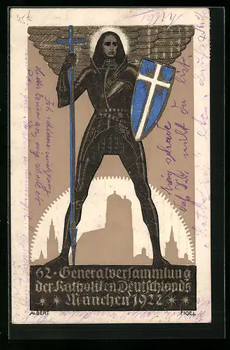 Künstler-AK München, 62. Generalversammlung der katholiken Deutschlands 1922, Engel in Rüstung mit Wappenschild