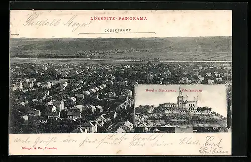 AK Lössnitz, Hotel und Restaurant Friedensburg, Panorama mit Cossebaude