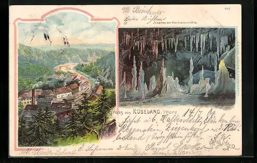 Lithographie Rübeland /Harz, Gesamtansicht, Innenansicht der Hermannshöhle