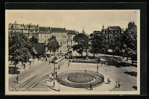 AK Bad Aachen, Hansemannplatz mit Denkmal und Strassenbahn
