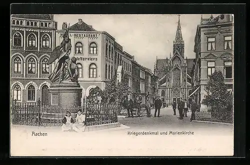 AK Aachen, Hotel-Restaurant mit Marienkirche und Kriegerdenkmal