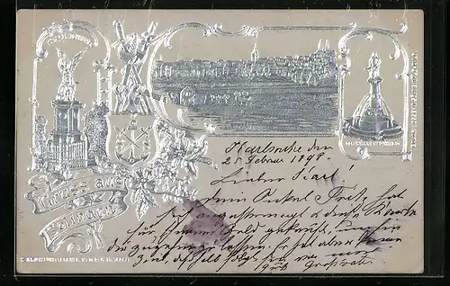 AK Solingen, Kriegerdenkmal, Der Waffenschmied, Wappen, Panorama