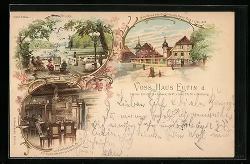 Lithographie Eutin, Voss Brücke, Wohnhaus des Dichters Joh. Heinr. Voss
