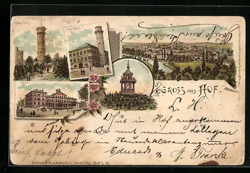 Lithographie Hof, Rathaus, Labyrinth und Post