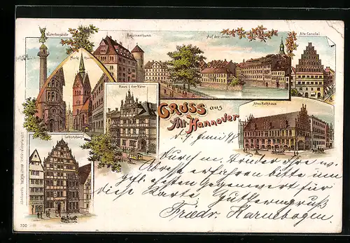 Lithographie Hannover, Beguinenturm, Waterloosäule und Haus der Väter
