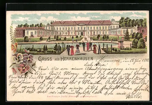 Lithographie Hannover-Herrenhausen, Besucher am Schloss