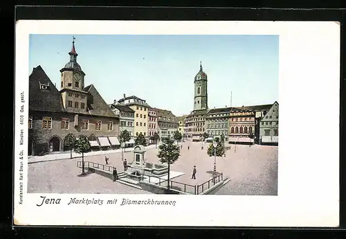 Goldfenster-AK Jena, Marktplatz mit Bismarckbrunnen