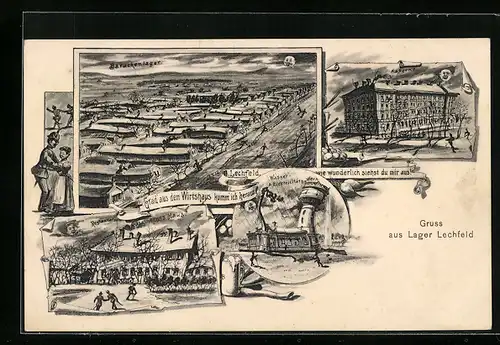 Wirtshaus-AK Lager Lechfeld, Barackenlager und Kaserne, Spruch