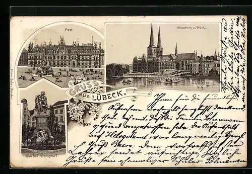 Lithographie Lübeck, Museum und Dom, Post, Geibel-Denkmal