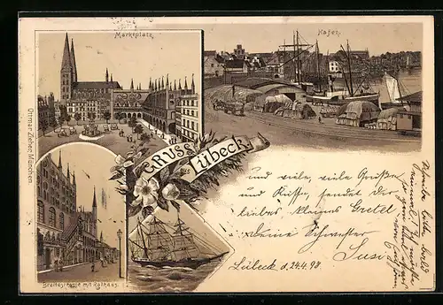 Lithographie Lübeck, Marktplatz, Hafen und Breitestrasse mit Rathaus