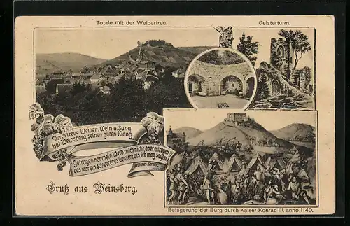 AK Weinsberg, Geisterturm, Belagerung 1140, Totalansicht mit Weibertreu